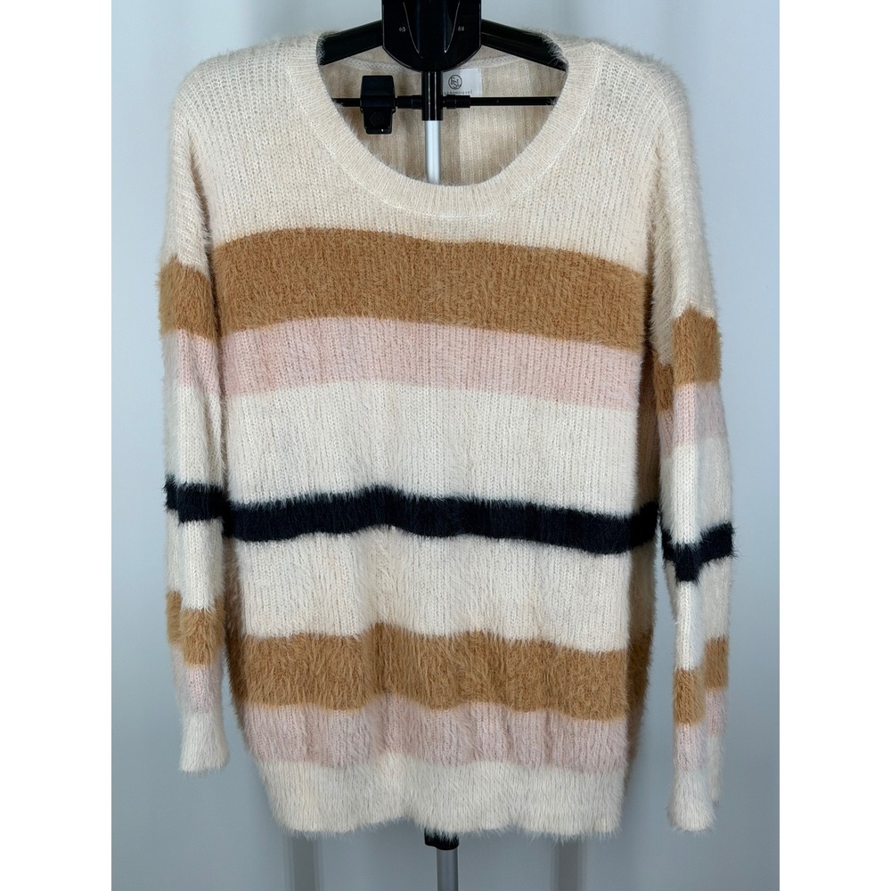 FSL Apparel Women 3XL Fuzzy Eyelash Knit Striped Sweater Cream Tan Pink